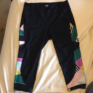 Black athletic pants with colorful print on legs